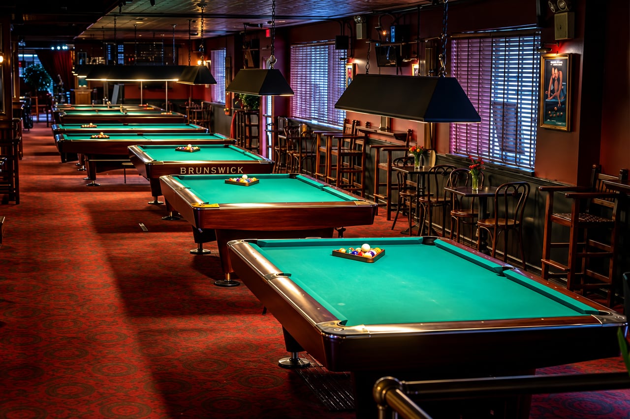 Row of billiard tables at Amsterdam Billiards